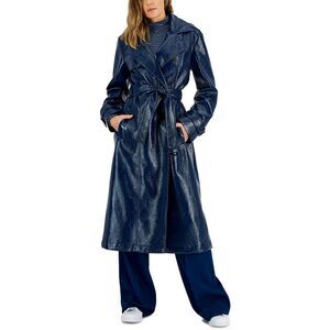 Hugo Womens Blue Faux Leather Trench Coat Outerwear NWT